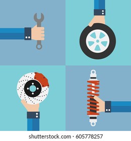 Auto Service flache Design-Set mit Rad, Stoßdämpfer, Bremsscheibe.Vektorgrafik