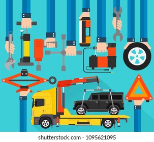 Car service flat design with tow truck car vector illustration