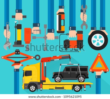 Car service flat design with tow truck car vector illustration