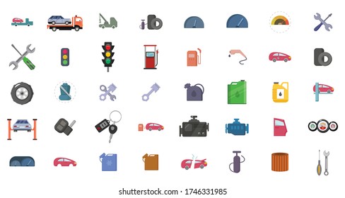 Car service flat icon set with car key, car lifting, engine pistol, engine, car oil