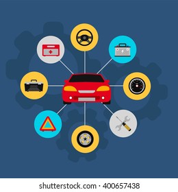 Car service flat icon set. Auto mechanic service flat icons of maintenance car repair and working. Auto mechanic design concept set with flat icons. Isolated vector illustration