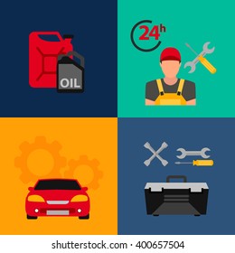 Car service flat icon set. Auto mechanic service flat icons of maintenance car repair and working. Auto mechanic design concept set with flat icons. Isolated vector illustration