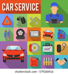 Car Service Flat Icons Set with Laptop, Brake, Battery, Jack and Mechanic with Long Shadows. isolated vector illustration