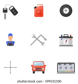 Car Service Flat Icons Set for Poster, Web Site, Advertising like Laptop diagnostics, tow truck, battery and mechanic. isolated vector illustration