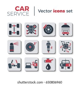 Car service flat icons set Isolated on white background. Typical auto service pictograms icons and signs for business. Vector illustration in flat style with simple shadows.