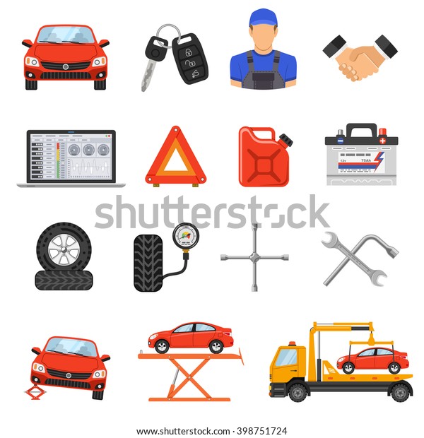 Car Service Flat Icons Set for\
Poster, Web Site, Advertising like Laptop diagnostics, tow truck,\
battery and mechanic. isolated vector\
illustration