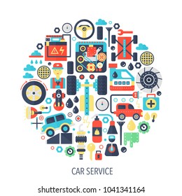 Car service flat infographics icons in circle - color concept illustration for sewing cover, emblem, template.