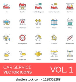 Car service flat vector icons. Lifter, diagnostic, engine, turbocharger, piston, radiator, battery, tire, steering wheel, brake pad, clutch disc, shock absorber, exhaust pipe, catalytic, suspension.