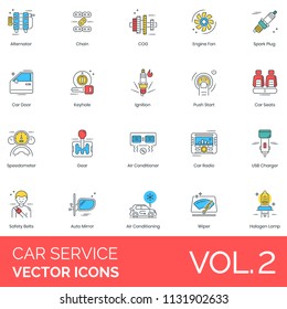 Car service flat vector icons. Alternator, chain, cog, engine fan, spark plug, door, keyhole, ignition, push start, seats, speedometer, gear, air conditioner, radio, safety belts, wiper, halogen lamp.