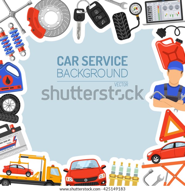 Car\
Service Frame with Flat Icons for Poster, Web Site, Advertising\
like Laptop, Tow Truck, Battery, Jack,\
Mechanic.