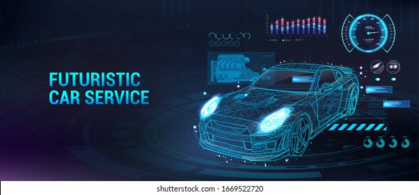 Car Service Future With HUD Interface. Diagnostic Auto, With Infographics, Analysis And Statistic. HUD Dashboard, Car Repair. Automobile User Interface. Isometric 3d Sport Car. Vector Illustration