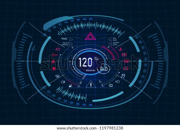 Car service. Futuristic dashboard\
design. Speedometer, tachometer. GUI. HUD Vector\
illustration
