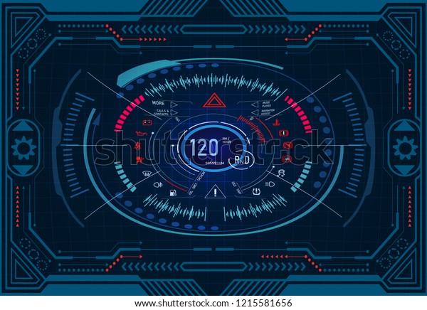 Car\
service. Futuristic dashboard design on a graphic monitor in frame.\
Speedometer, tachometer. GUI HUD Vector\
Illustration