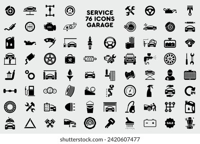 Car service and garage 76 isolated icons set on white background, repair, car parts