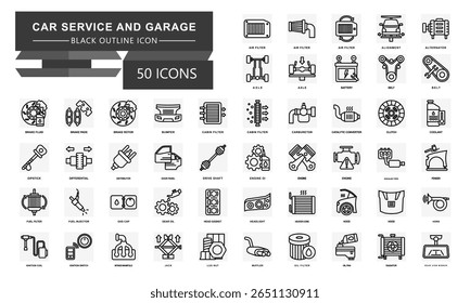 O conjunto de ícones de contorno preto do serviço de carro e da garagem. contém filtro de ar, alinhamento, alternador, eixo, bateria, correia, filtro de óleo, motor e muito mais. Vetor para conceito moderno, IU, UX, web e desenvolvimento de aplicativos.