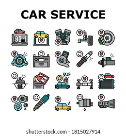 Car Service Garage Collection Icons Set Vector. Car Service Repair Ball Joint And Turbine, Electrical Equipment And Gearbox, Suspension And Starter Color Contour Illustrations
