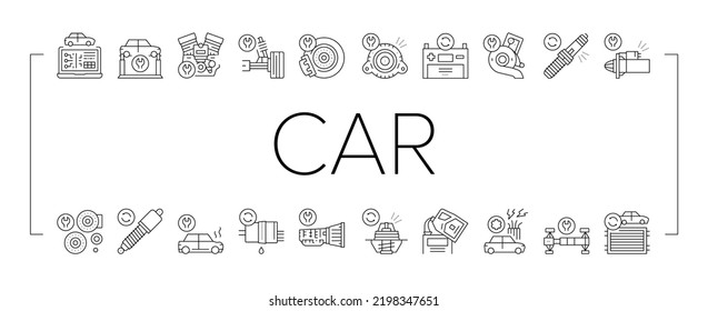 Car Service Garage Collection Icons Set Vector. Car Service Repair Ball Joint And Turbine, Electrical Equipment And Gearbox, Suspension And Starter Black Contour Illustrations