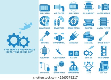 Car and service garage dual tone icons set. contain air filter, alternator, bumper, gear oil, fuel injector, fuel filter, jack and more. use for modern concept, web and app development. Vector EPS 10