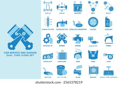 Car and service garage dual tone icons set. contain air filter, alternator, bumper, gear oil, fuel injector and more. use for modern concept, web and app development. Vector EPS 10