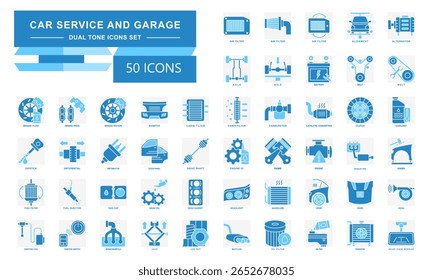 Car Service And Garage dual tone icons set. contain air filter, alignment, alternator, axle, battery, belt, oil filter, engine and more. Vector for modern concept, UI, UX, web and app development.
