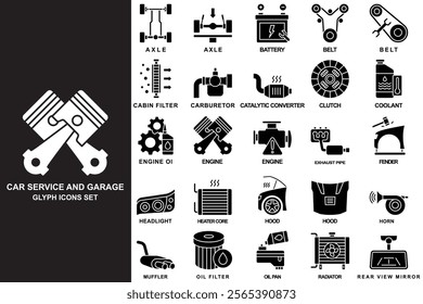 Car and service garage glyph icons set. contain axle, battery, belt, cabin filter, coolant, engine, oil filter, headlight, hood and more. use for modern concept, web and app development. Vector EPS 10