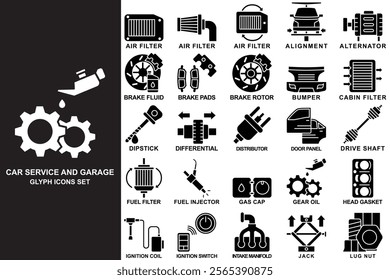 Car and service garage glyph icons set. contain air filter, alternator, bumper, gear oil, fuel injector, distributor, gas cap and more. use for modern concept, web and app development. Vector EPS 10