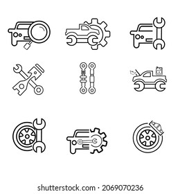 Car service garage isolated icons set on white background, repair, car detail