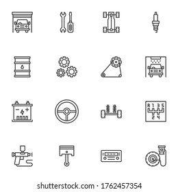 Car service & garage line icons set, outline vector symbol collection, auto repair linear style pictogram pack. Signs, logo illustration. Set includes icons as car wash, engine gear, oil, chassis
