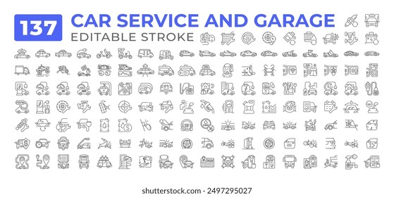 Car service and garage line icons big set. Auto accident. Automotive repair. Oil gasoline. Taxi rent. Electric vehicle iconset outline pictograms. Isolated linear vector illustrations. Editable stroke