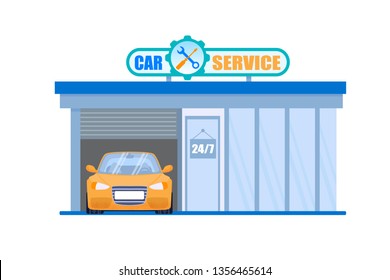 Car Service Garage. Maintenance 24 Hour Machine Check and Fix Station. Vehicle Repair Company Building with Yellow Car in it. Simple Steering and Transmission Diagnostic. Quality Tuning.