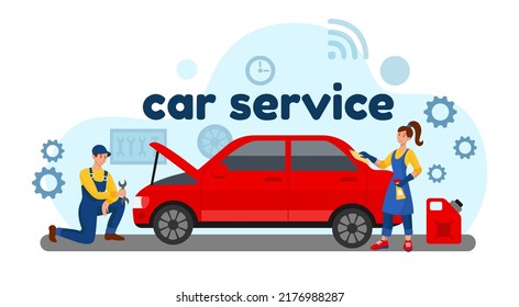 Car service. Garage maintenance by auto mechanic. Automotive diagnostics. Automobile repair center. Workshop vehicle assistance. Mechanicals fixing broken transport. Vector concept