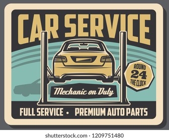 Car service, garage mechanic repair station. Vector retro design of vehicle on garage car lift, engine or chassis diagnostics and restoration