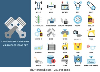 Carro e serviço de garagem multi cor ícones conjunto. contém eixo, bateria, cinto, carburador, motor, capô, filtro de óleo, refrigerante e muito mais. use para conceito moderno, web e desenvolvimento de aplicativos. Vetor EPS 10