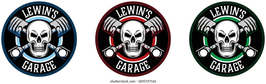 Car service and garage pistons with skull badge logo. Vector icon design auto transportation logo set. Good for mechanic and auto detailing. Car sales, repair, race, road, auto parts design icons.