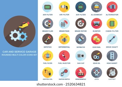Auto-und Service-Garage abgerundete mehrfarbige Icons Set. enthalten Luftfilter, Generator, Stoßfänger, Getriebeöl, Kraftstofffilter, Wagenheber und mehr. Nutzung für modernes Konzept, Web- und App-Entwicklung. Vektor-EPS 10