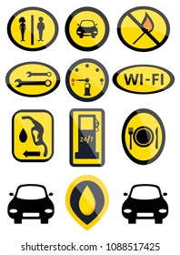 Car service gas station road signs set. Flat vector illustrations icon. Isolated on white. Attributes of road signs car services: cafe, wifi, flammable, oil, barrel, fast food, coffee, electro eco car