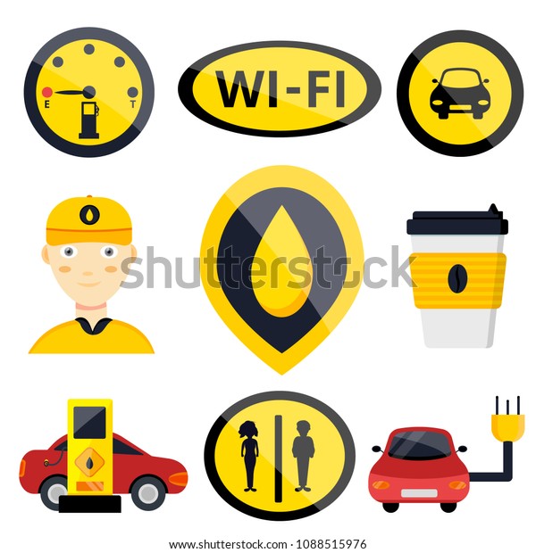 Car service gas station road signs set. Flat vector\
illustrations icon. Isolated on white. Attributes of gas petrol\
station: cafe, wifi, car repairs, oil, barrel, fast food, coffee,\
electro eco car 