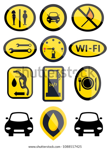 Car service gas station road signs set. Flat vector\
illustrations icon. Isolated on white. Attributes of road signs car\
services: cafe, wifi, flammable, oil, barrel, fast food, coffee,\
electro eco car
