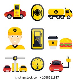 Car service gas station set. Flat vector illustrations icon. Isolated on white. Attributes of gas petrol station: cafe, petrol pump, car repairs, terminal, credit card, fast food, refueler, tanker