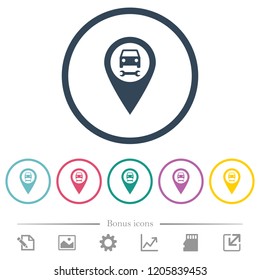 Car service GPS map location flat color icons in round outlines. 6 bonus icons included.
