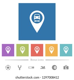 Car service GPS map location flat white icons in square backgrounds. 6 bonus icons included.