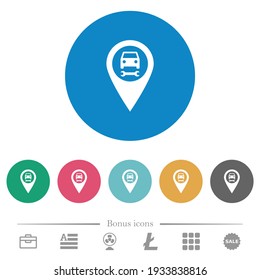 Car service GPS map location flat white icons on round color backgrounds. 6 bonus icons included.