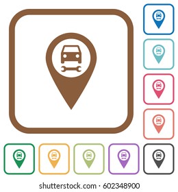Car service GPS map location simple icons in color rounded square frames on white background