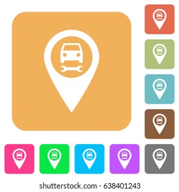 Car service GPS map location flat icons on rounded square vivid color backgrounds.