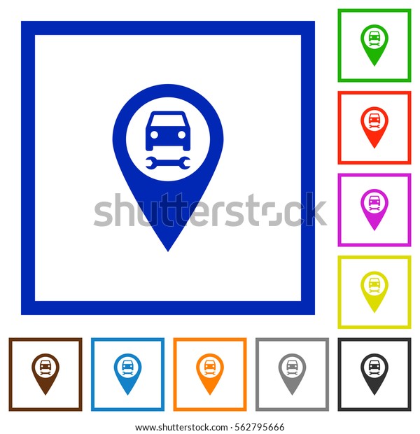 Car service GPS map location flat color icons\
in square frames on white\
background