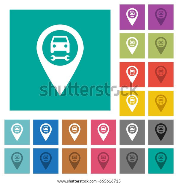 Car service GPS map location multi\
colored flat icons on plain square backgrounds. Included white and\
darker icon variations for hover or active\
effects.