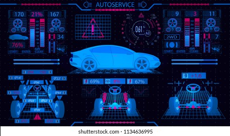 Car service. Graphical interface. Diagnostic alignment of the wheels. Check of shock-absorbers, the steering mechanism, ellipticity, brake system and the instrument panel. Vector illustration