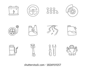 car service hand drawn linear vector icons isolated on white background. car service doodle icon set for web and ui design, mobile apps and print products