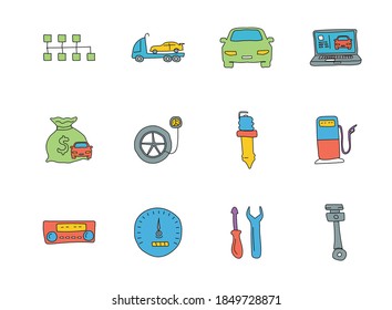 Autoservice handgezeichnet, lineare Vektorsymbole einzeln auf weißem Hintergrund. Auto-Service-Doodle-Icon-Set für Web- und iDesign, mobile Apps und Printprodukte