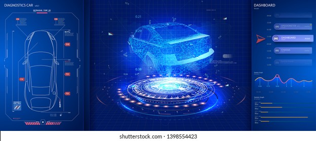 Car service. Hardware diagnostics condition of the car in style HUD. Scanning, test, monitoring, analysis, verification car. Car auto service, mechanisms top view. Vector Illustration 